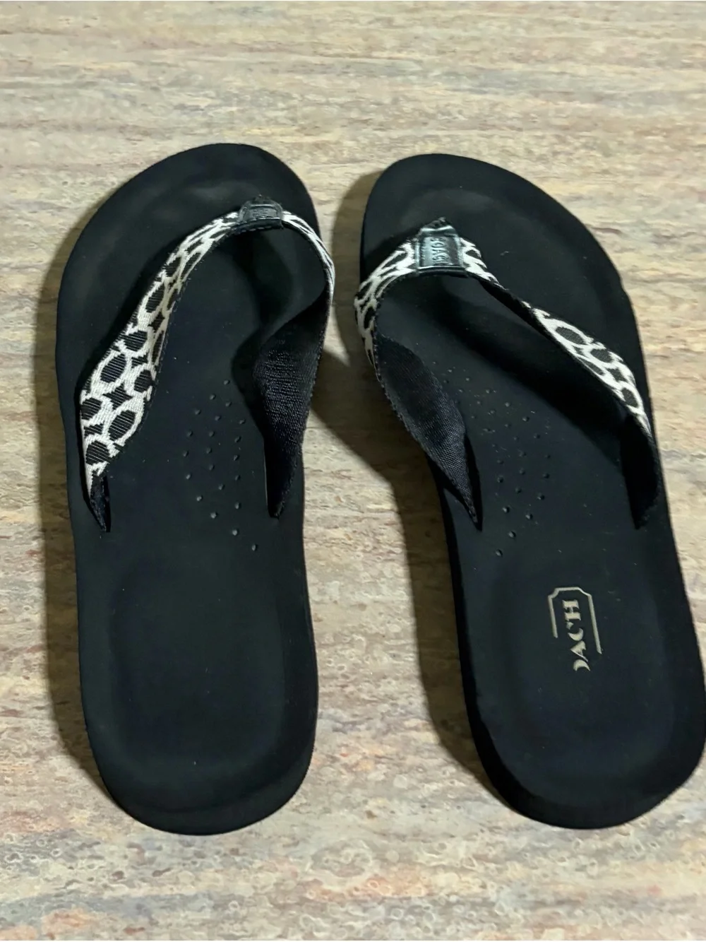 Coach Jessalyn Black Signature Canvas Thong Sandals with White Logo Print